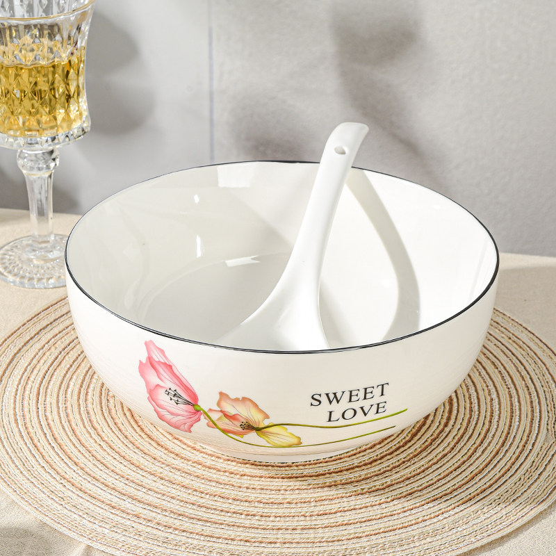 花朵图案家用饭碗汤碗餐具大号菜碗汤碗盛汤专用碗瓷质厚实耐高温,淘宝优惠券,粉丝福利购,淘宝优惠卷