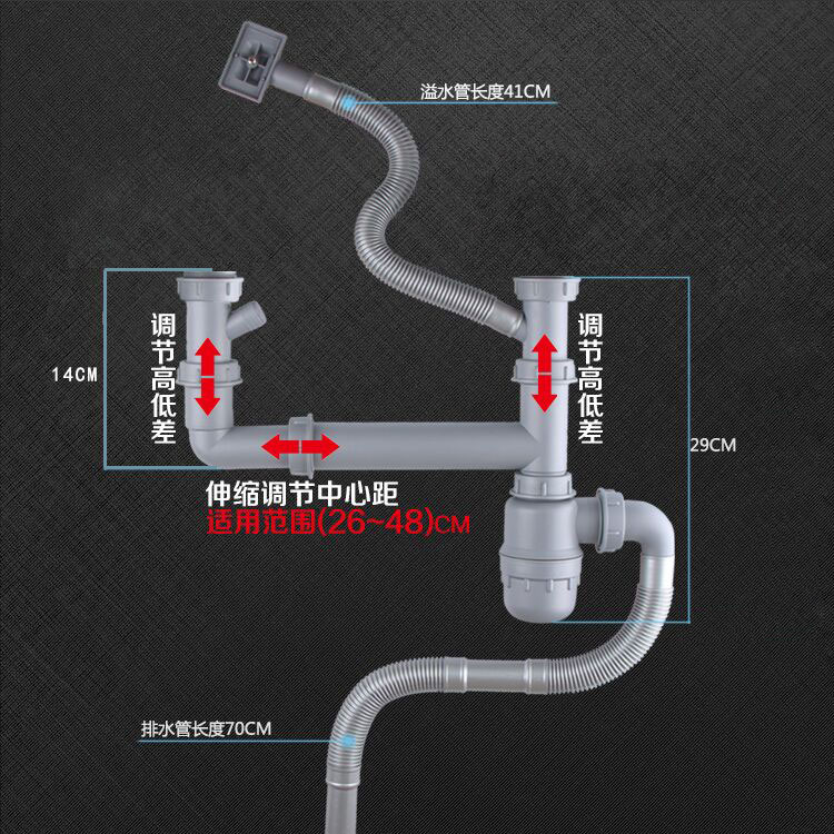 厨房双槽防臭下水管洗菜盆下水器洗脸盆配件家用洗碗下水器防堵