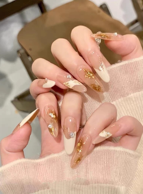 纯手工穿戴甲长款不规则色块魔镜粉小花秋冬气质美甲成品假指甲贴