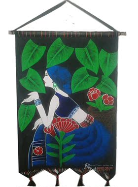 贵州民族手工艺品苗族蜡染重彩画手绘画实木棍子挂杆挂画轴送挂绳