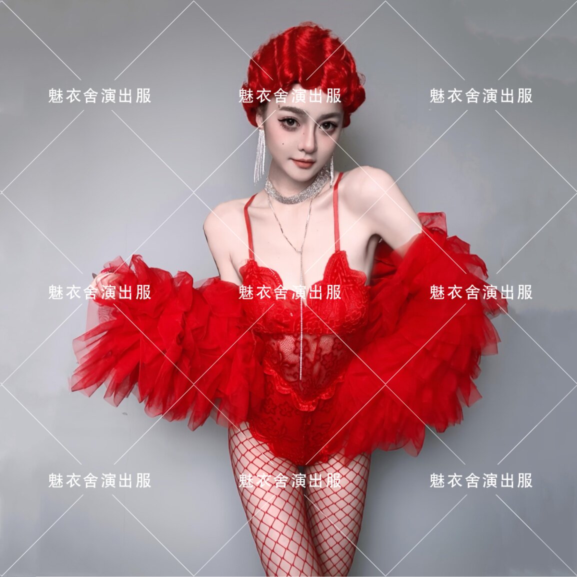 元旦情人节酒吧舞台GOGO红色复古蕾丝连体性感夸张蓬蓬纱袖演出服