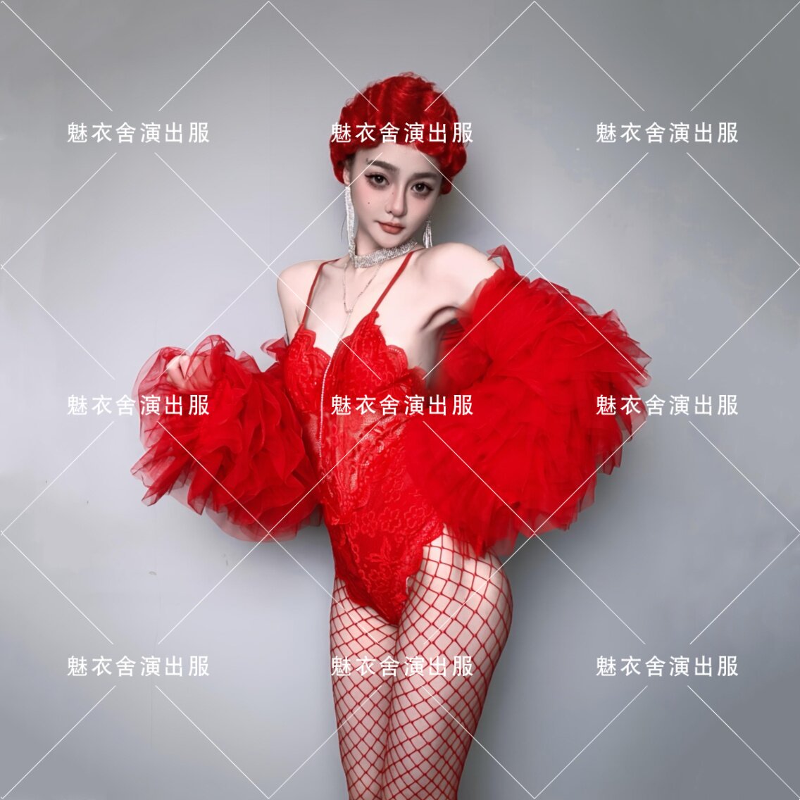元旦情人节酒吧舞台GOGO红色复古蕾丝连体性感夸张蓬蓬纱袖演出服