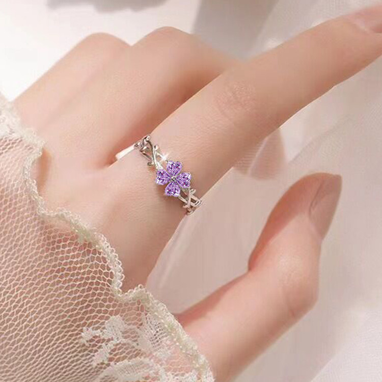 Natural amethyst sterling silver four leaf clover ring