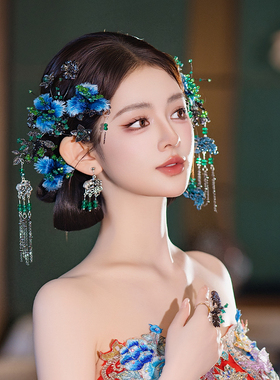 新娘发饰高级新款蓝色系复古仿真羽毛蝴蝶流苏婚礼古典晨袍发饰品