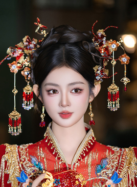 新中式秀禾头饰高级红色水凝胶花发簪新娘汉服结婚拍照甜美发饰品