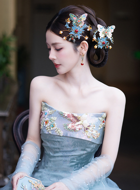 新娘中式婚礼蓝色系新款清冷感头饰旗袍敬酒服小众新中式蝴蝶发饰