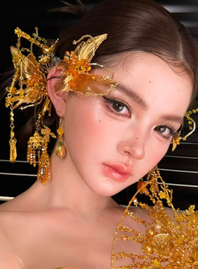 新中式新娘发饰手工金属铜丝编织蝴蝶侧边发夹高级感中式婚礼配饰