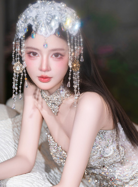 高级感重工新娘闪钻蕾丝串珠流苏纱帽甜美灵动婚纱礼服轻奢帽链品