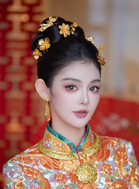 新娘头饰龙凤褂金色凤凰发夹发钗高级感传统褂黄旗袍盘发结婚发饰