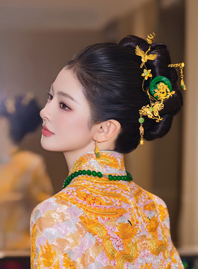 新娘龙凤褂中式头饰婚礼金色仙鹤古典发簪秀禾服绿色流苏新款发饰