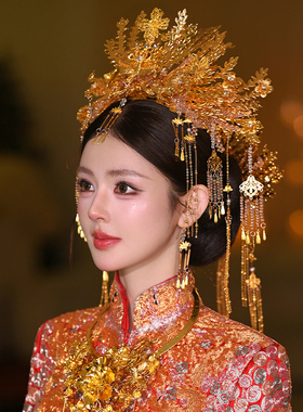 新娘奢华富贵中式凤冠金色凤凰秀禾服重工婚礼头饰流苏龙凤褂配饰