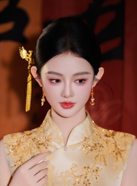 2025新中式新娘头饰金色秀禾复古仿真花朵金色凤凰发簪敬酒服配饰