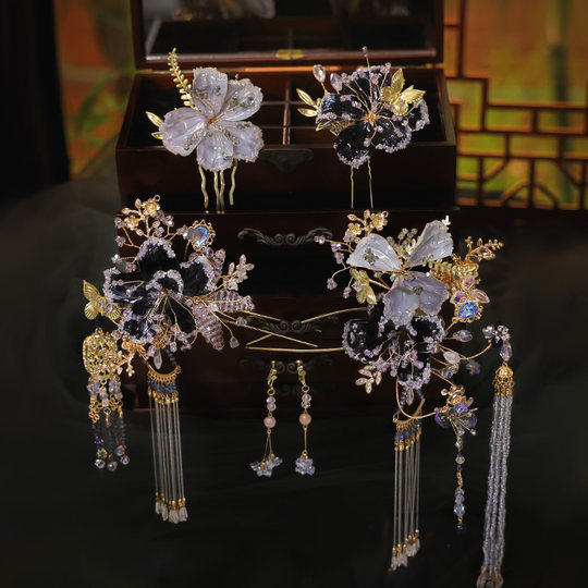 Tocado nupcial de estilo chino, accesorios para el cabello azul Xiuhe, Hanfu, vestido de mañana, cheongsam, accesorios, joyería de estilo antiguo que hace flores y hace líquidos