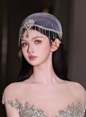 新款新娘头饰小众时尚细闪水钻流苏帽子异域风情高级感婚礼发饰品