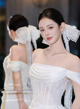 新娘头饰法式优雅蕾丝长款蝴蝶结飘带发饰新款高级感婚纱礼服配饰