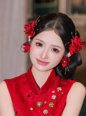 复古红色新娘发饰高级感气质新中式晨袍敬酒服手工绒花订婚配饰品
