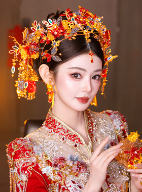新娘奢华高端精致琉璃半冠套装中式婚礼蓝红色饱满大气秀禾服头饰