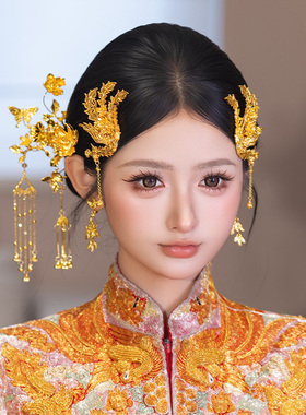 中式新娘头饰全金色凤凰侧边花朵发簪简约龙凤褂婚礼古典精致发饰