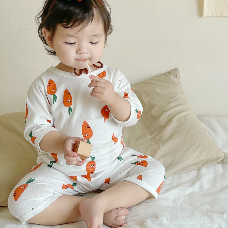 夏季宝宝家居服薄款纯棉半袖呼吸空调服儿童睡衣男童女童短袖套装 - 图1