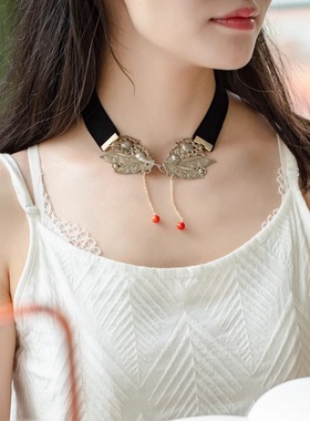 choker丝绒短项链陶乐溪清代老银