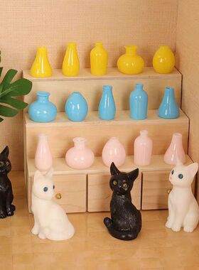 微景观仿真彩色花瓶子黑白小猫