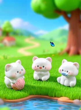 微景观吃鱼小猫公仔桌面造景摆件
