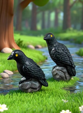 微景观仿真乌鸦招财桌面造景摆件