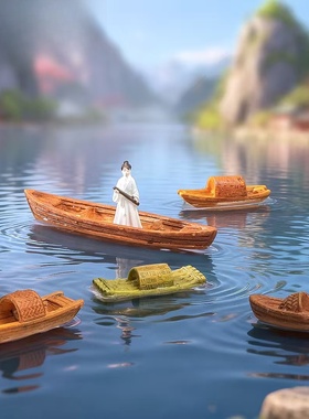 中式乌篷竹筏鱼缸造景装饰小摆件