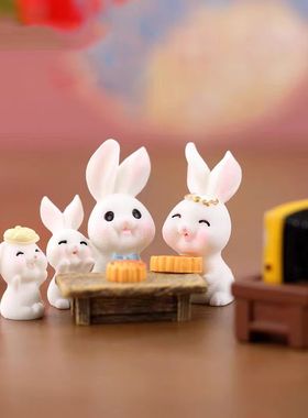 微景观可爱中秋节小兔子月饼摆件
