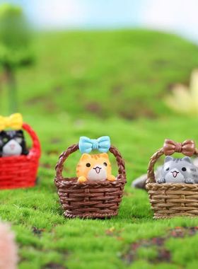 微景观创意平底竹篮猫咪公仔摆件