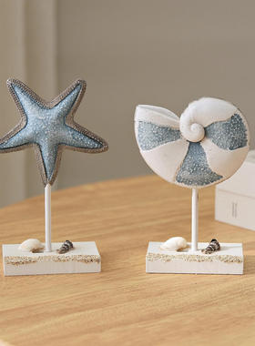 地中海摆件蓝白木质海马海鱼海星灯塔多种图案小家居装饰装饰