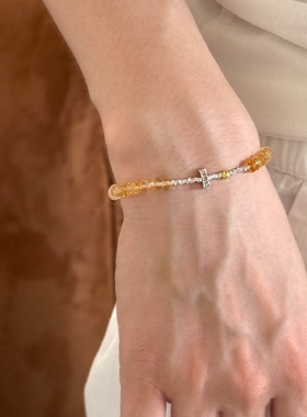 天然黄水晶盘切手串泰银碎银手链