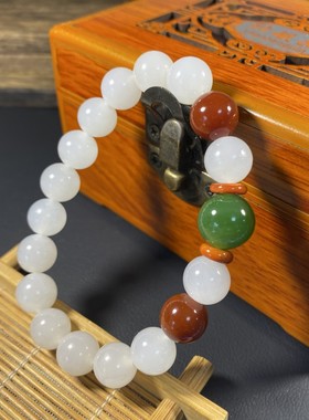 女款手链羊脂白玉带碧玉南红