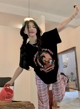 *捡漏专柜*撤回剪标卡通黑猫国王印花短袖T恤女夏季纯棉宽松上衣