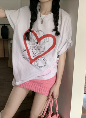 *捡漏一线*专柜*撤回剪标爱心小熊印花短袖T恤女夏纯棉宽松上衣
