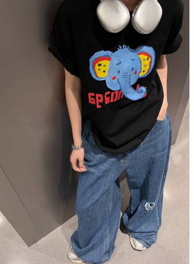*捡漏专柜*撤回剪标卡通大象印花T恤女夏纯棉宽松慵懒上衣