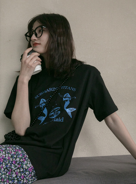 外贸尾单女装意大利剪标余单美人鱼印花短袖T恤女夏纯棉宽松上衣