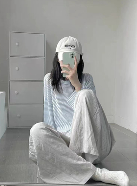 慵懒风蓝色条纹防晒长袖T恤女夏季薄款宽松百搭中长款设计感上衣