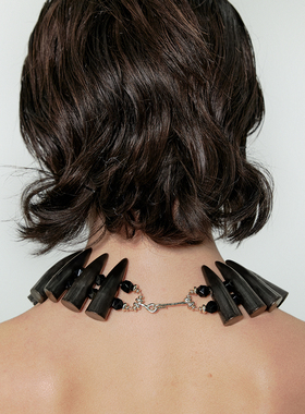 Fanciegarden 黑色系重工个性夸张牛角造型玛瑙气场魅力项链