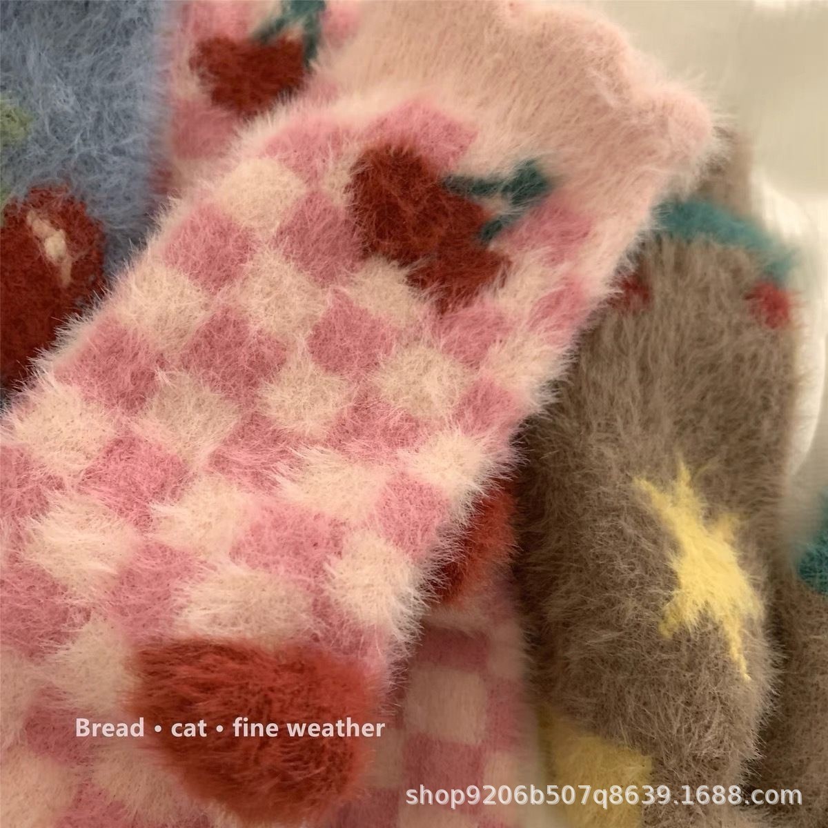 德国进口秋冬水貂绒女袜樱桃棋盘格蝴蝶结加厚地板袜日系可爱甜美 - 图1