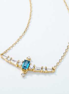 日系复古天然伦敦蓝托帕石项链百搭蓝色海洋清新小众S925纯银项链