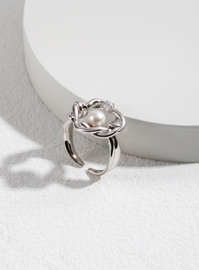 柳条圆环珍珠戒指S925银天然珍珠