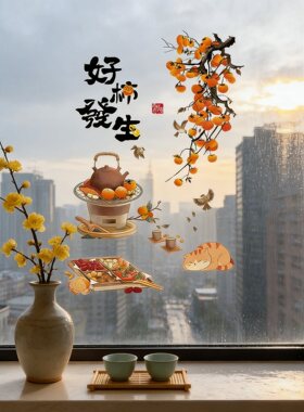柿柿如意贴纸阳台落地窗玻璃厨房推拉门贴画装饰乔迁双面静电窗花