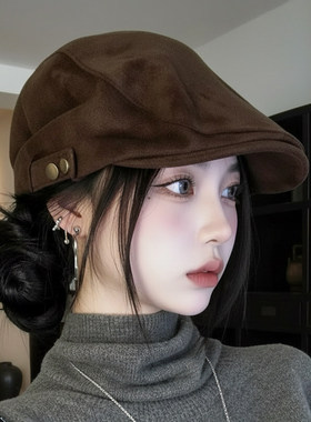 麂皮绒女显脸小贝雷帽大头围