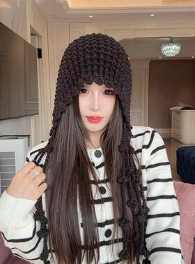 川西旅游红色镂空针织包头帽女秋季显脸小流苏毛线帽手工编织帽子