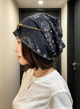 复古印花堆堆帽秋季帽子女款薄款透气显脸小包头帽大头围套头冷帽
