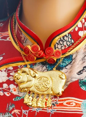 新娘婚嫁沙金猪龙凤项链