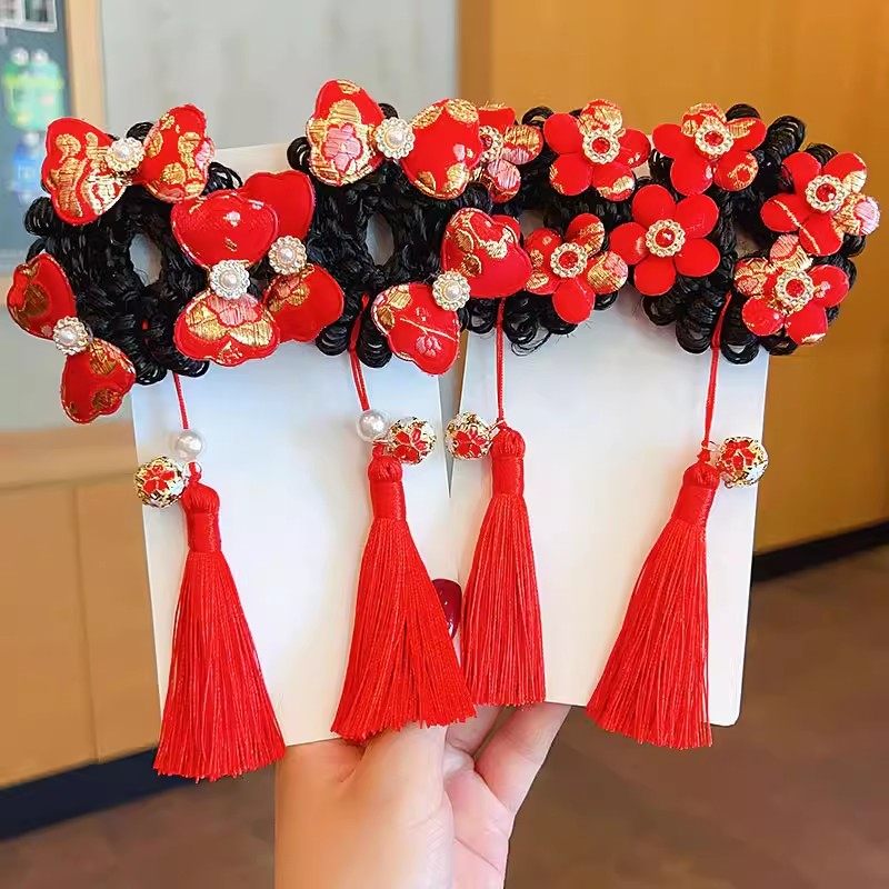 新年红色花朵蝴蝶结假发丸子头发圈儿童宝宝可爱古风汉服女孩发饰,淘宝优惠券,粉丝福利购,淘宝优惠卷