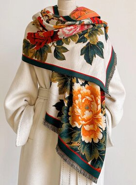 【富贵牡丹】高端冬季加厚女士油画仿羊绒围巾中年妈妈保暖披肩