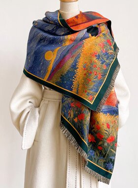 【星夜与猫】高端冬季加厚女士油画仿羊绒围巾中年妈妈保暖披肩